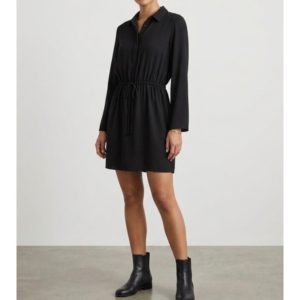 Amanda Uprichard Long Sleeve Drawstring Mini Shirt Dress Size M Black Minimalist